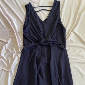 Ultra-Flattering Tie-Waist Navy Strapless Dress with A-Line Skirt